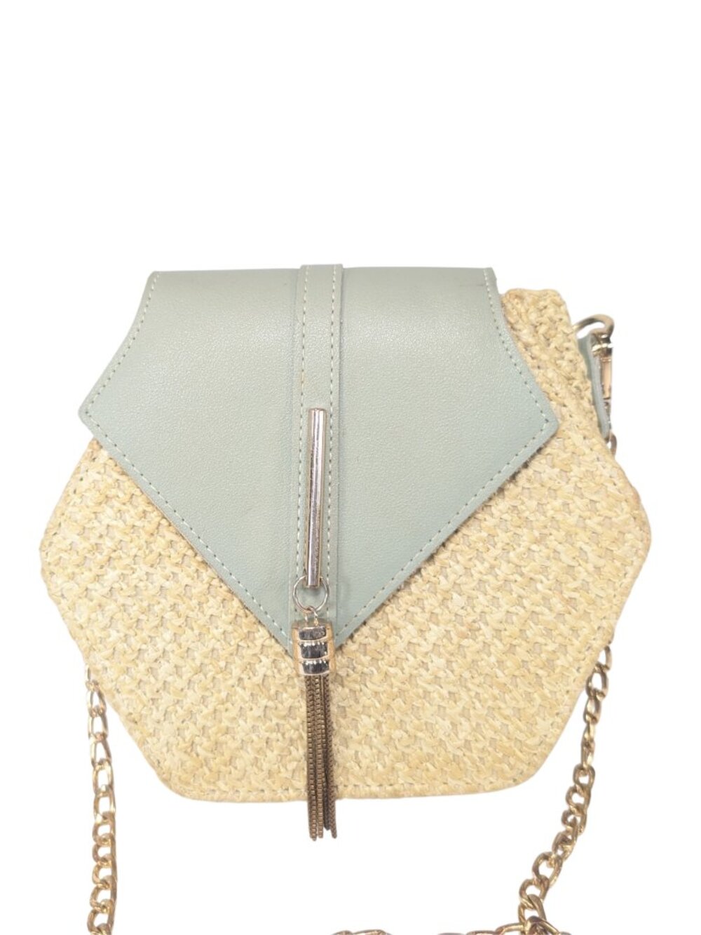 Haute Sauce Hexagon Small Woven Raffia Sage Green Faux Leather Flap Crossbody - Picture 2 of 10